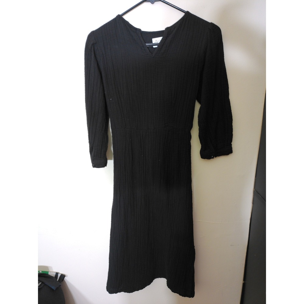 Zara Midi Dress Women Small Black Gauze Long Sleeve V-Neck Back Tie Minimalist